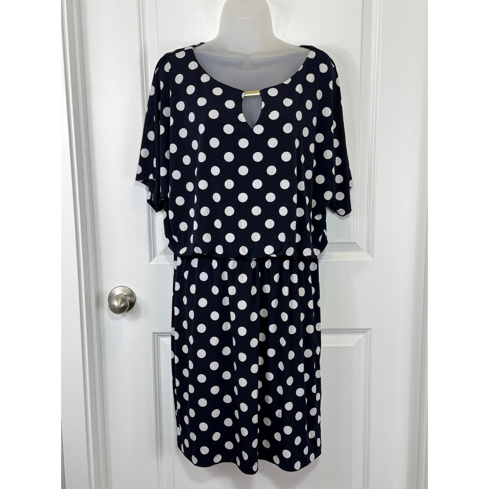Ronni Nicole Navy Blue White Polka Dot Dress Womens 12 Keyhole Neck Career Work